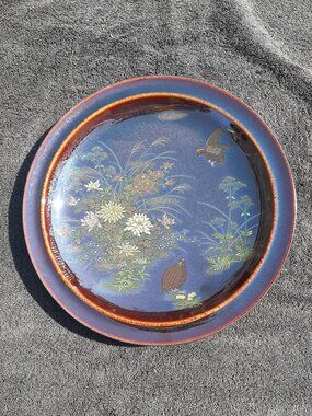 VTG  Serving Platter Grouse Birds Flowers Iridescent Pattern Japan Round 12" D